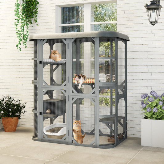 PawHut Catio Outdoor Cat Enclosure, Wooden Cat House with Platforms, Condo and Waterproof Cover for 2â3 Kittens, Grey