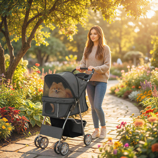 PawHut Dog Pram, Pet Stroller with Reflective Strips, Foldable Cat Stroller with 360° Swivel Wheels, Dark Grey
