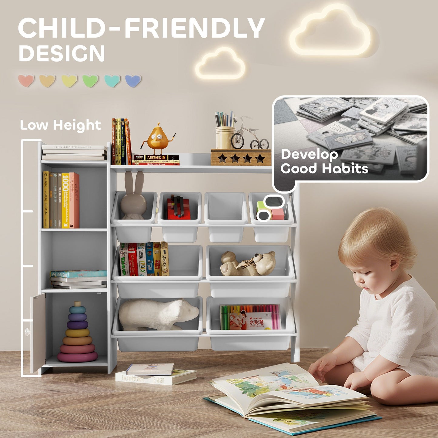 AIYAPLAY Toy Storage Unit with 8 Removable Bins, Storage Shelves, Cabinet, White
