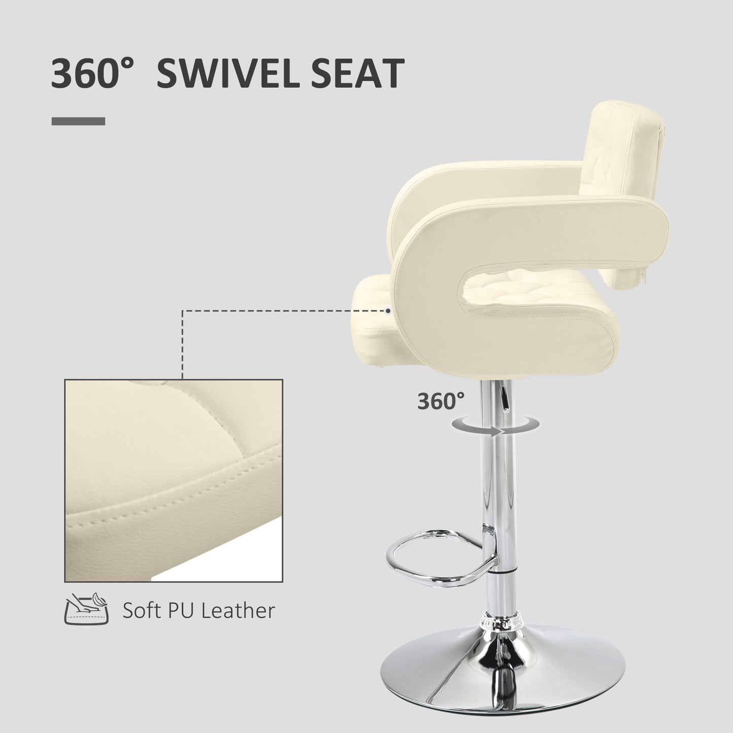 Upholstered Swivel Bar Stool, Set of 2 Height Adjustable Barstool with Back, Armrest, Footrest for Kitchen, White
