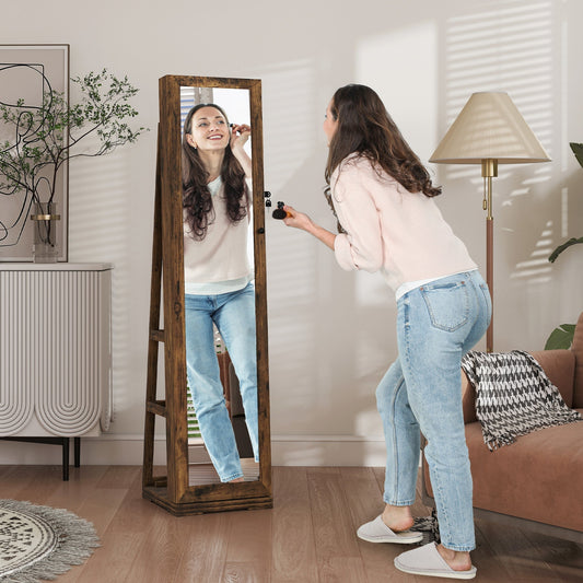 HOMCOM 360 Swivel Jewellery Cabinet, Free Standing Full Length Mirror with Storage, Lockable Jewellery Organiser with Built-in Makeup Mirror and Storage Shelves for Bedroom, Rustic Brown