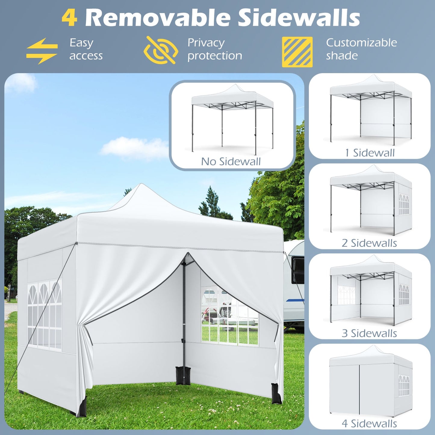 10 x 10 Feet Pop up Canopy Tent with 4 Removable Sidewalls-White