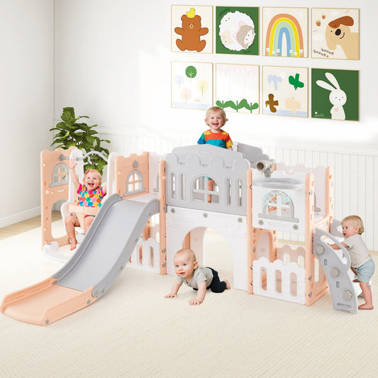 10 in 1 Toddler Swing and Slide Set Kids Indoor Playground-Pink