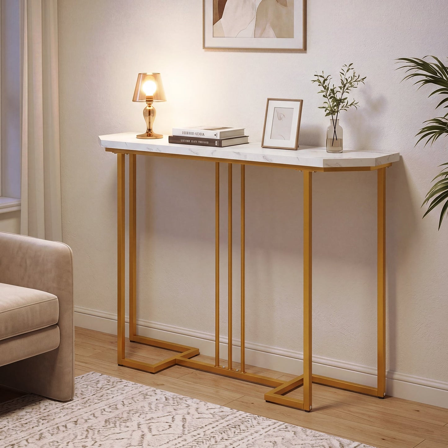 110 CM Narrow Entryway Table with Faux Marble Top for Living Room-White