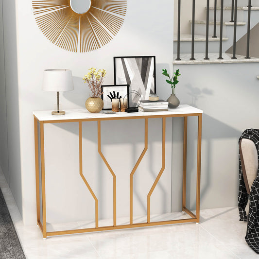 110 cm Gold Console Table Entryway Table with Faux Marble Tabletop-White & Golden