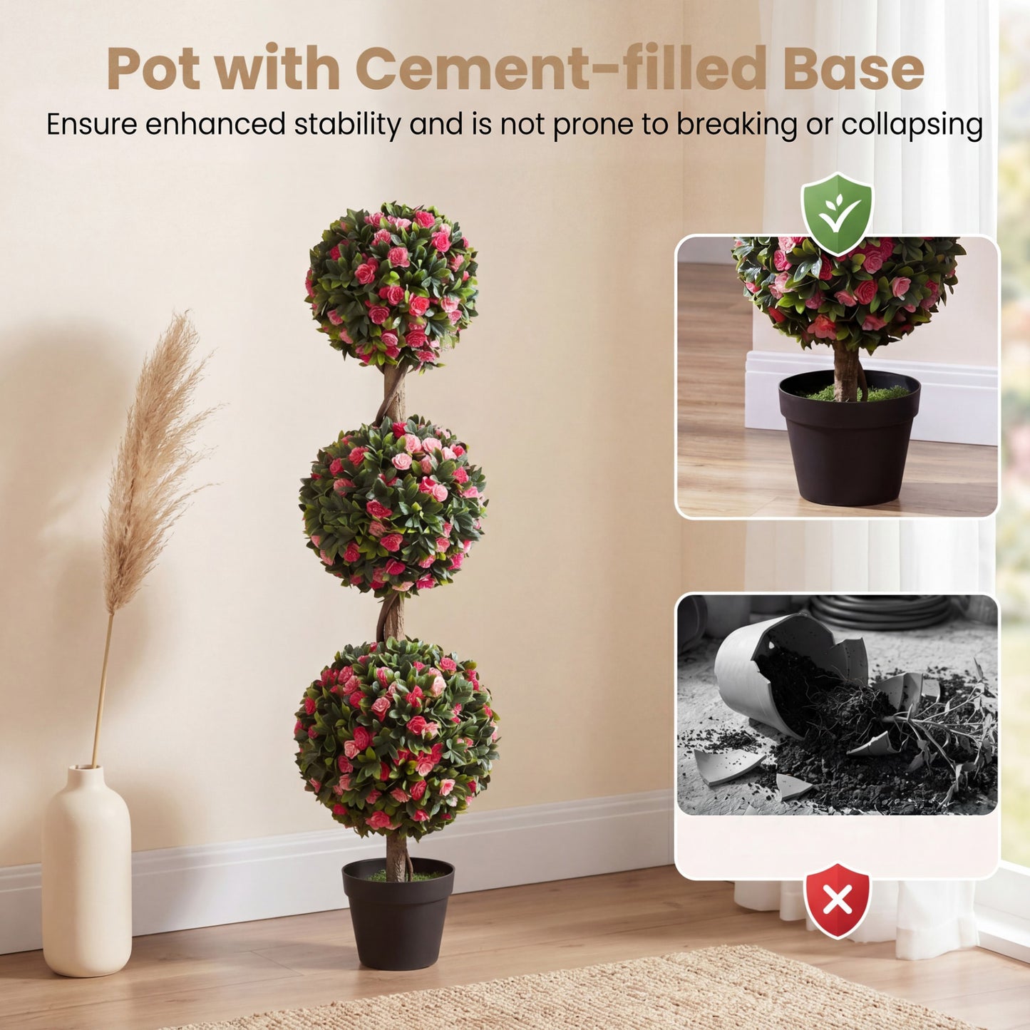 110cm Artificial Triple Ball Rose Topiary Tree with Lifelike Blooms and Green Leaves