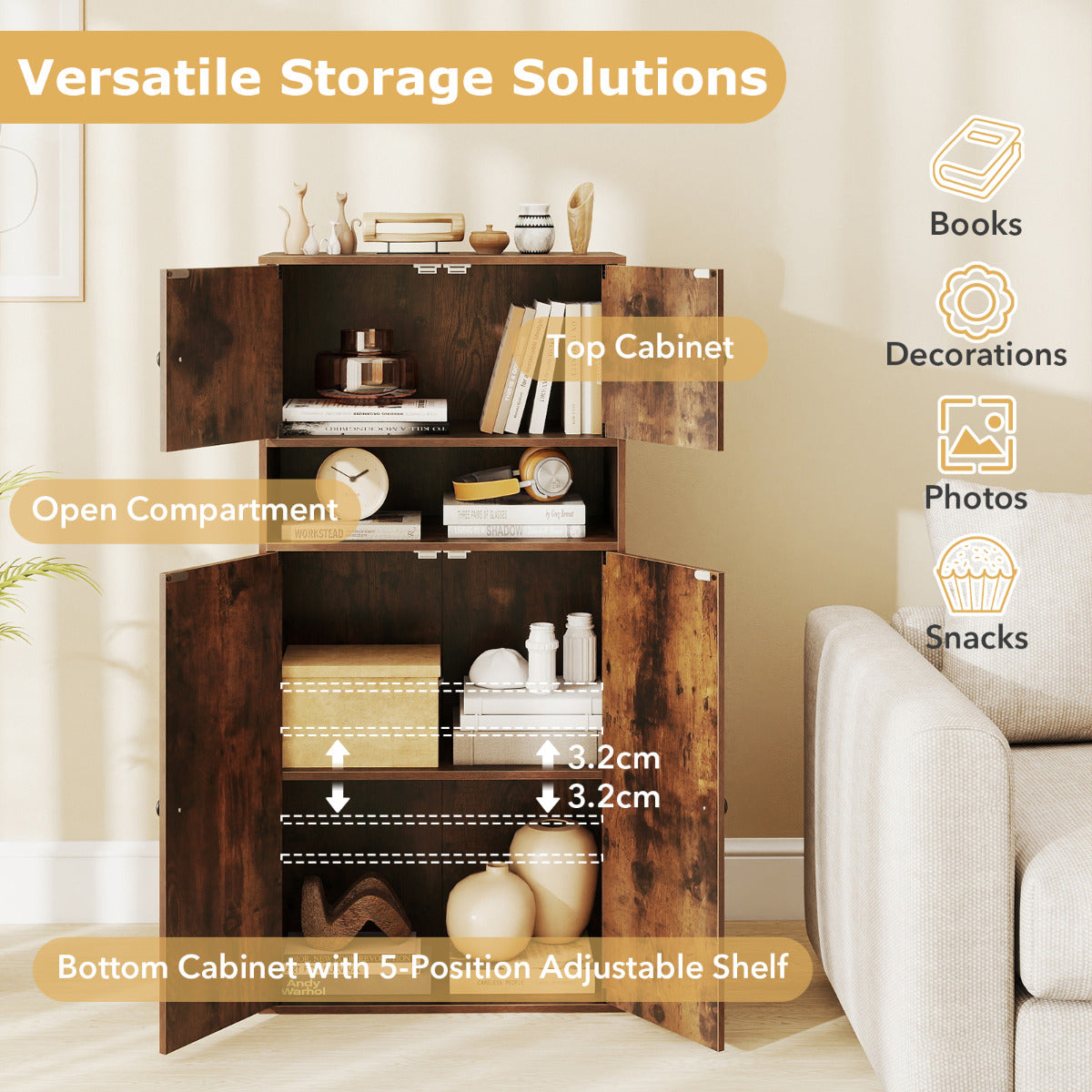 111 cm Tall Bookcase with 4 Doors 4-Tier Modern Storage Organizer with and Adjustable Shelf-Rustic Brown