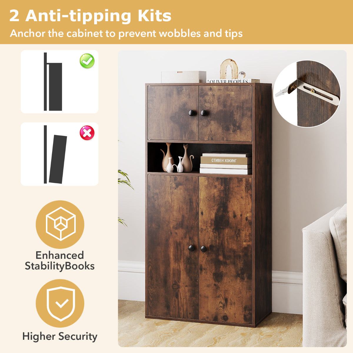 111 cm Tall Bookcase with 4 Doors 4-Tier Modern Storage Organizer with and Adjustable Shelf-Rustic Brown