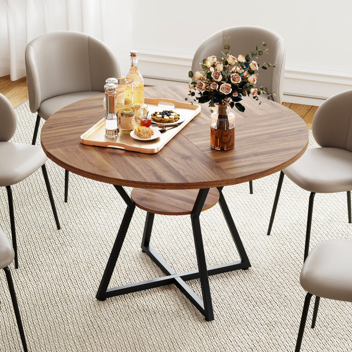 118 CM Round Dining Table with Storage Shelf and Wooden Tabletop-Brown