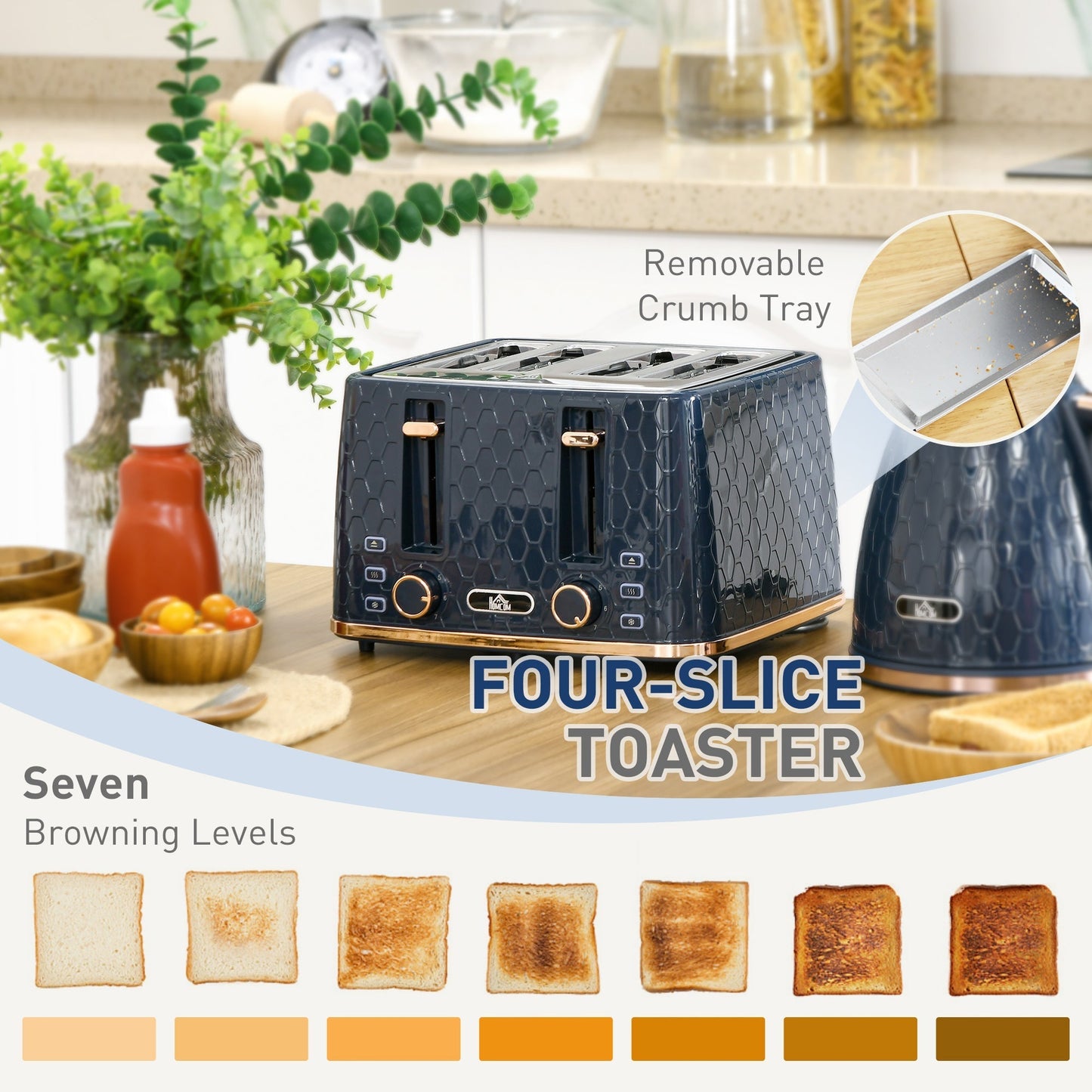 HOMCOM Kettle and Toaster Set, 1.7L 3000W Fast Boil Jug Kettle with Auto Shut Off, 4 Slice Toaster with 7 Level Browning Controls & Crumb Tray, UK Otter Thermostat, Blue