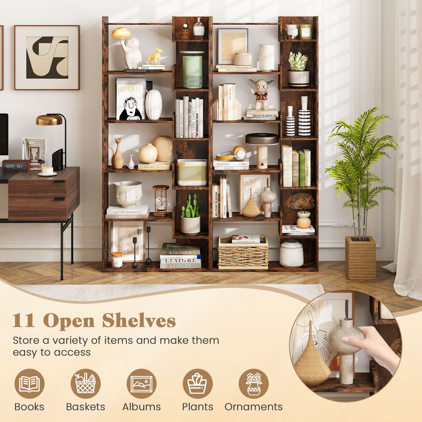 11-Shelf Wooden Bookshelf with 2 Anti-Tipping Kits-Rustic Brown