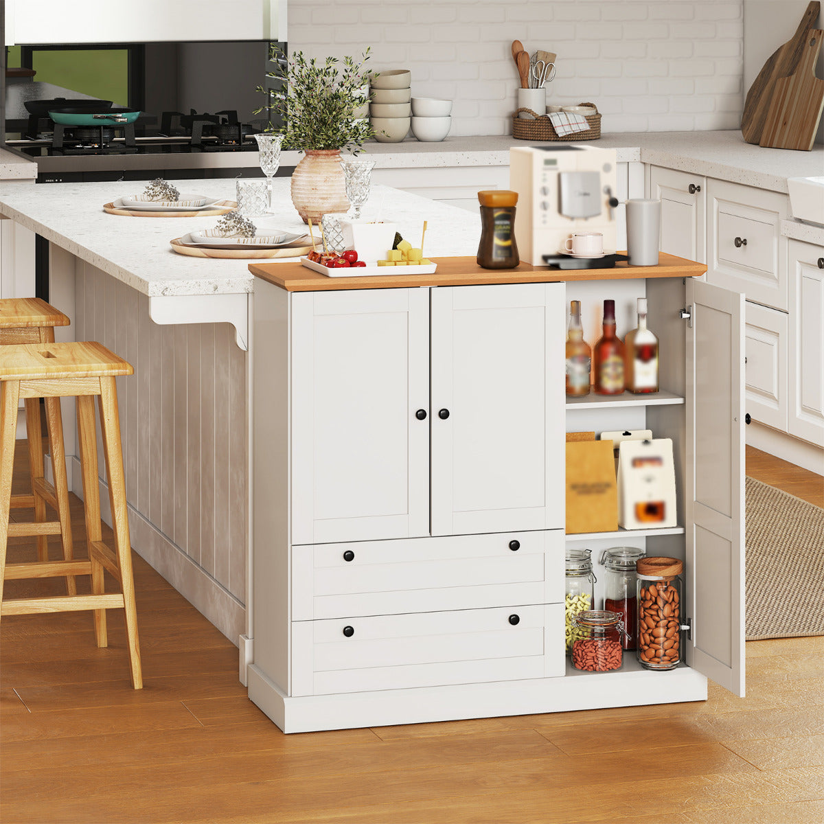 120 cm Kitchen Pantry with 3 Doors and 2 Large Drawers-White