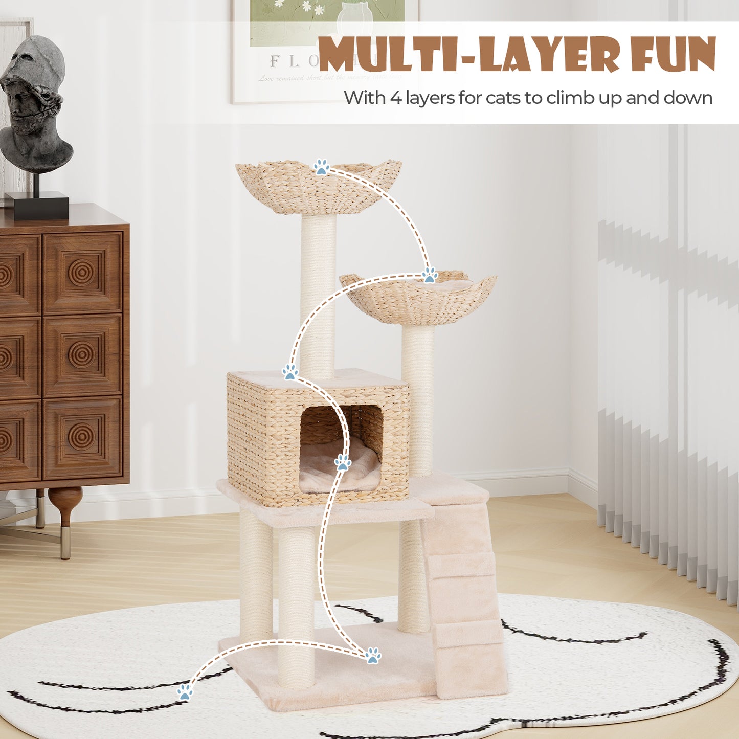 122 cm Cattail Cat Tree with Sisal Scratching Posts Perch Condo and Basket Bed-Beige