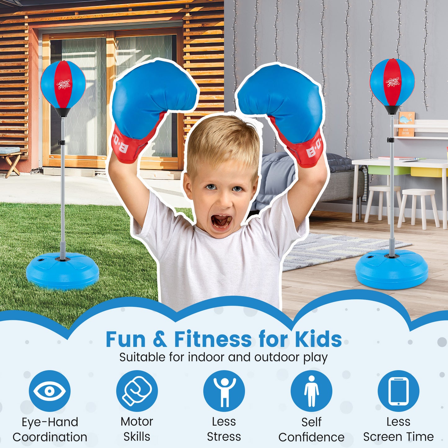 122cm Height Adjustable Punching Ball Stand Box with Stand and Gloves-Blue