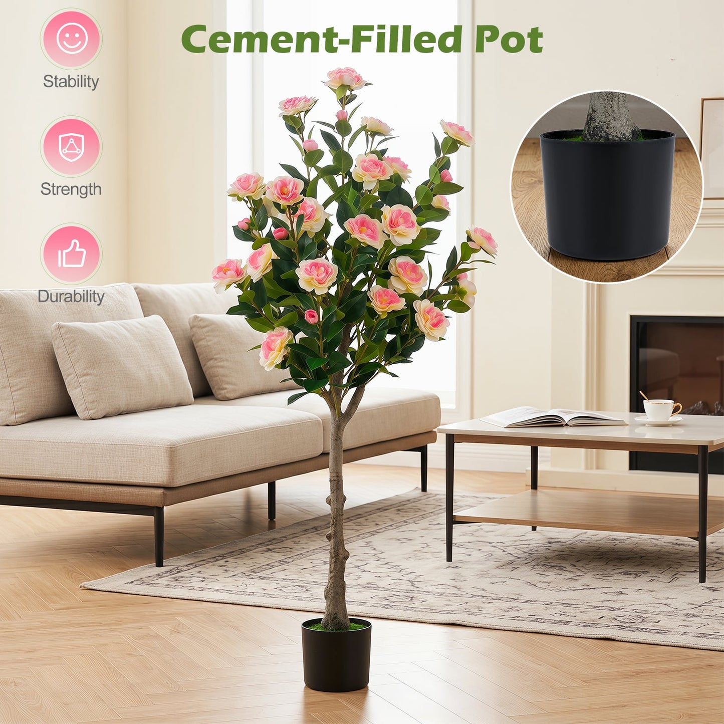 125 CM Artificial Camellia Tree Set of 1 with 27 Blossoms for Home