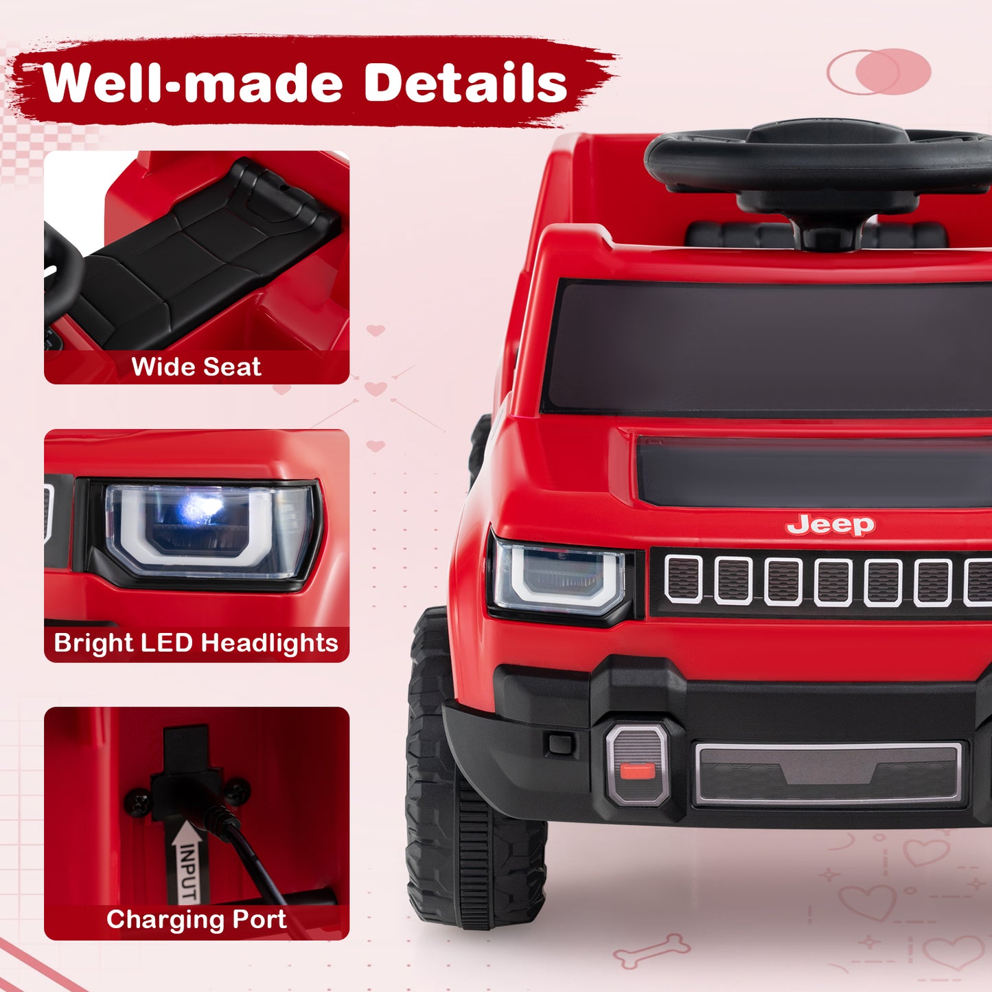 12V Kids Ride On Car Licensed Jeep Electric Vehicle with LED Lights for 18-96 Months-Red