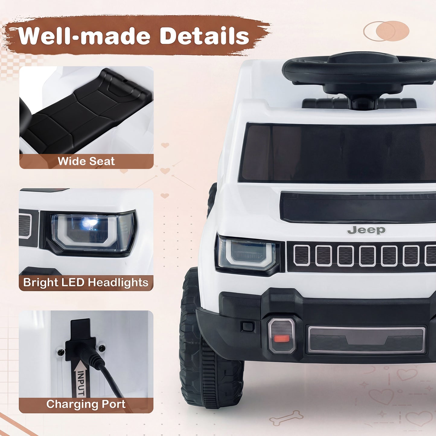 12V Kids Ride On Car Licensed Jeep Electric Vehicle with LED Lights for 18-96 Months-White