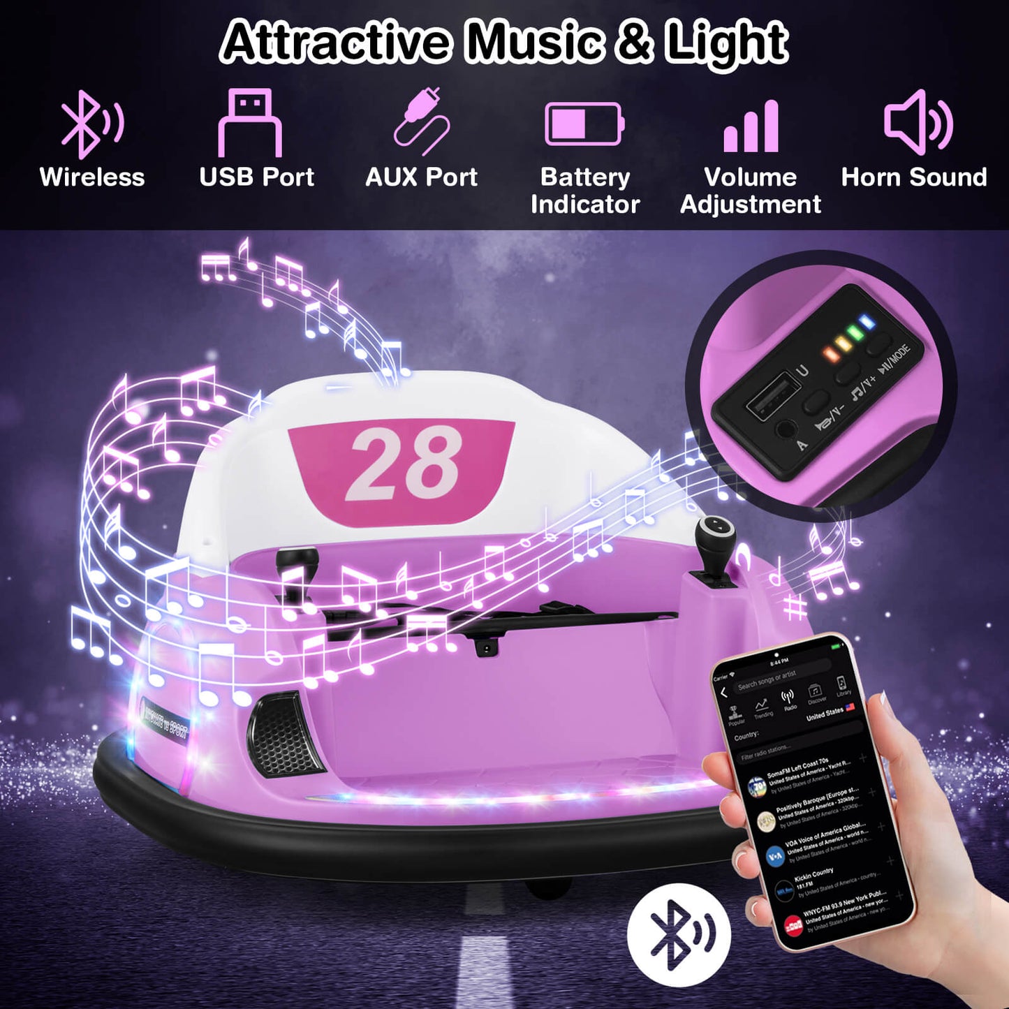12V Kids Ride on Bumper Car with Flashing Lights and Remote Control-Pink