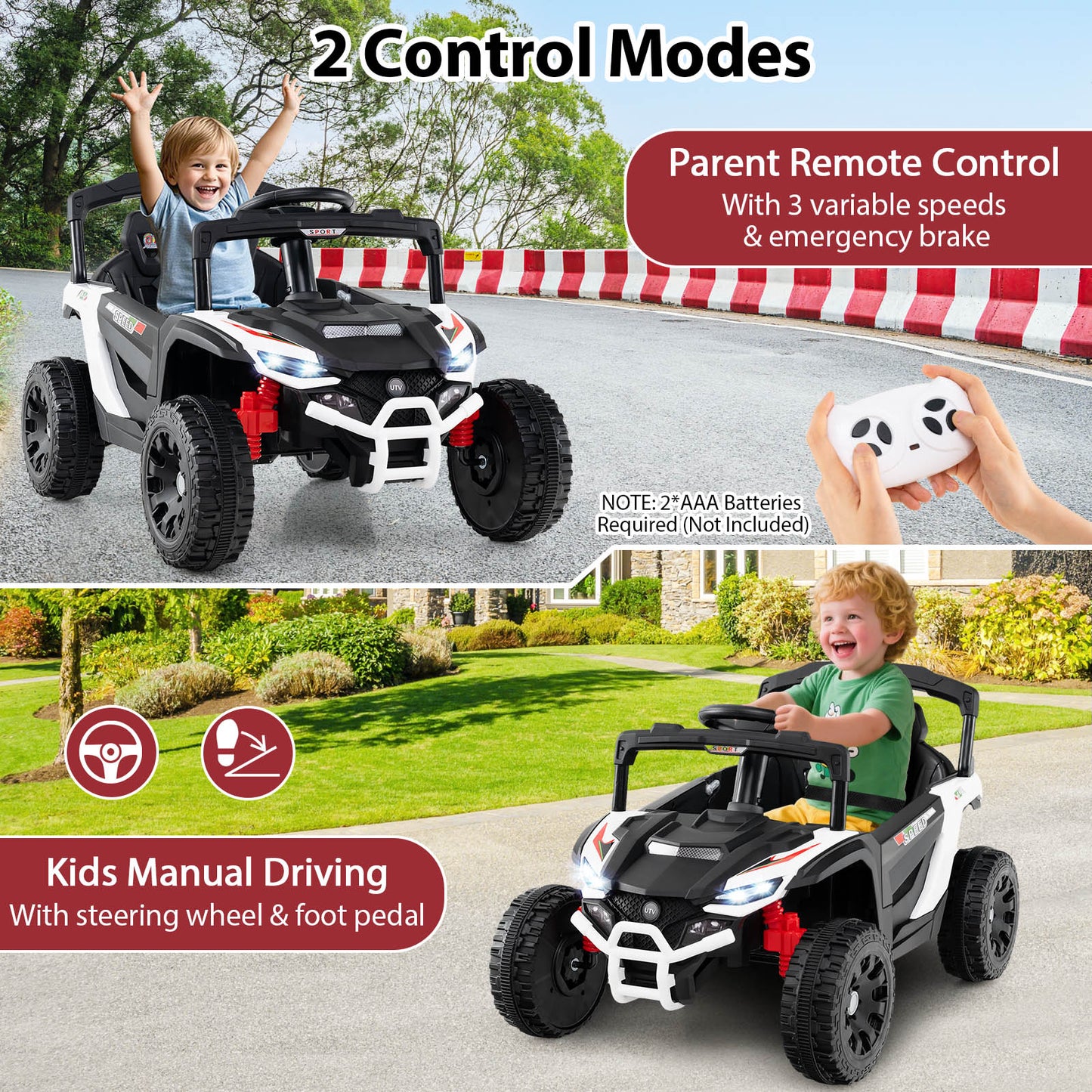 12V Kids Ride On Car Electric UTV with LED Lights and Music-White