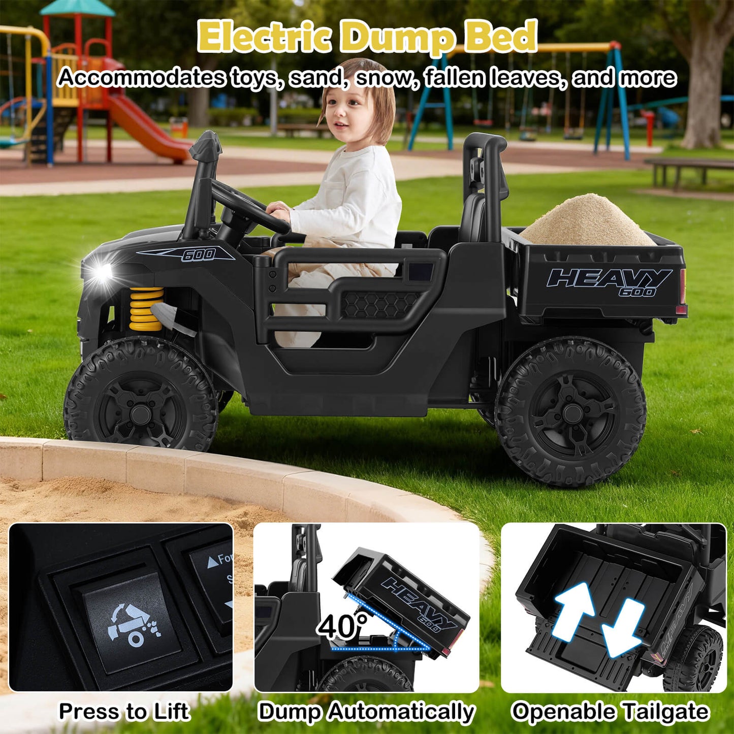 12V Ride on Dump Truck with Electric Dump Bed with Music and Remote Control-Black