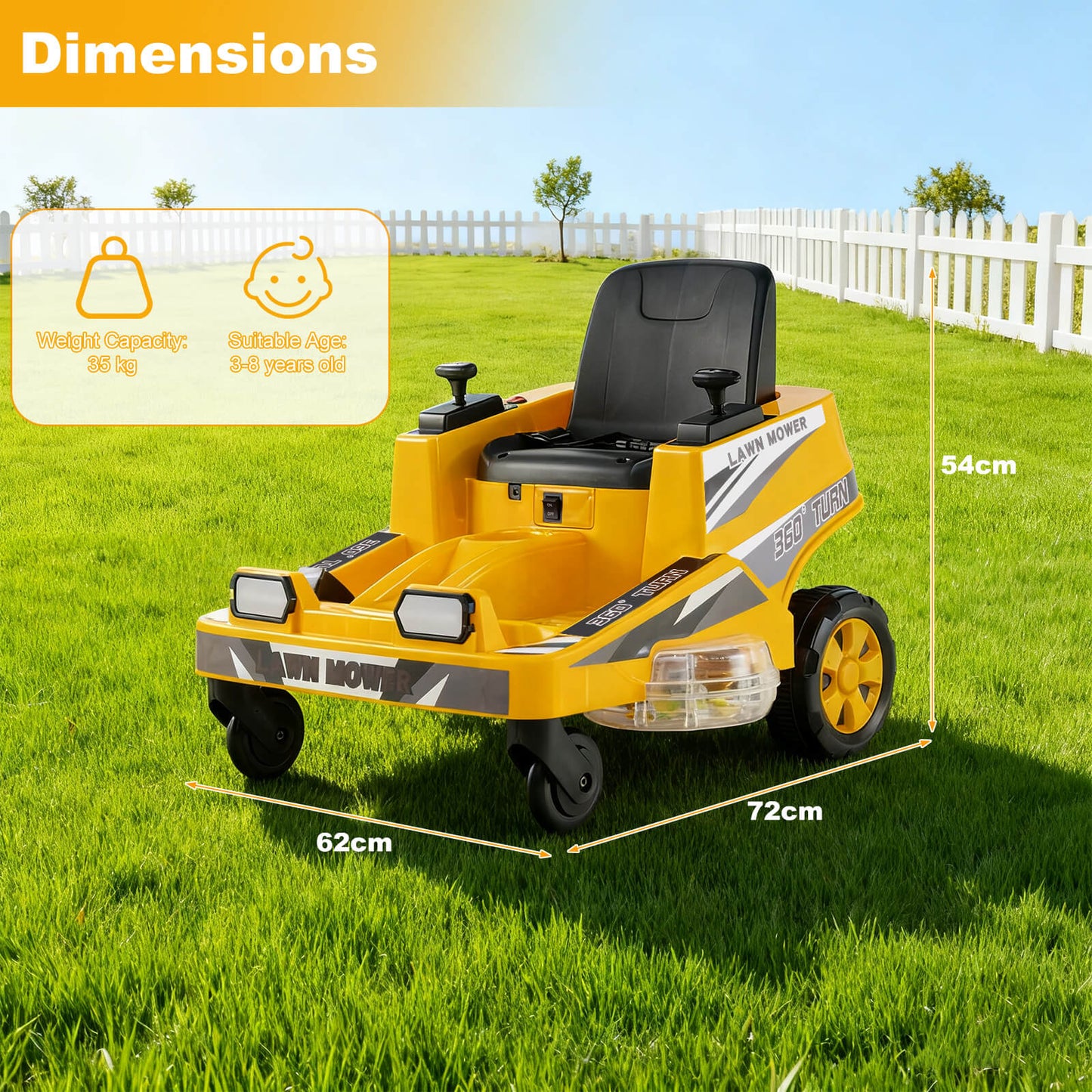 12V Ride on Lawn Mower for Kids with Dual Control Sticks and LED Lights-Yellow