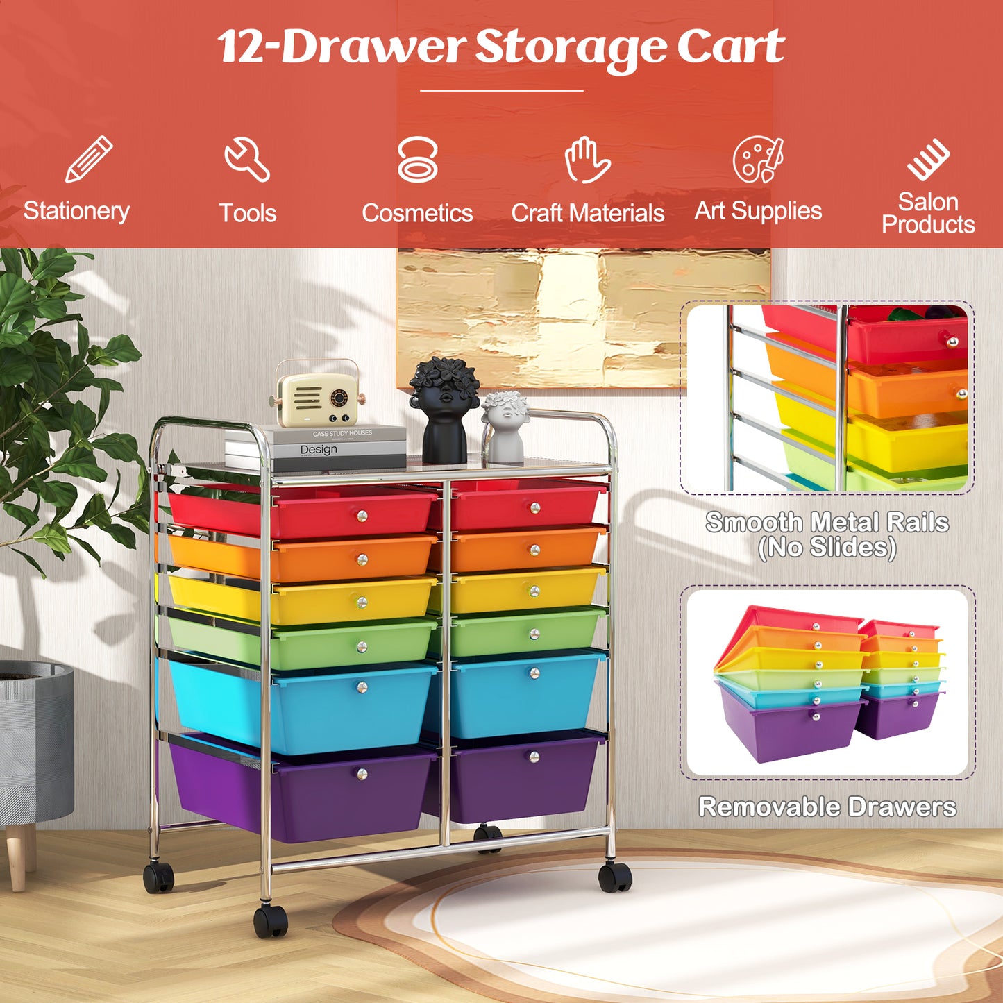 12 Drawers Rolling Storage Cart with 4 Wheels and Brakes-Multicolor