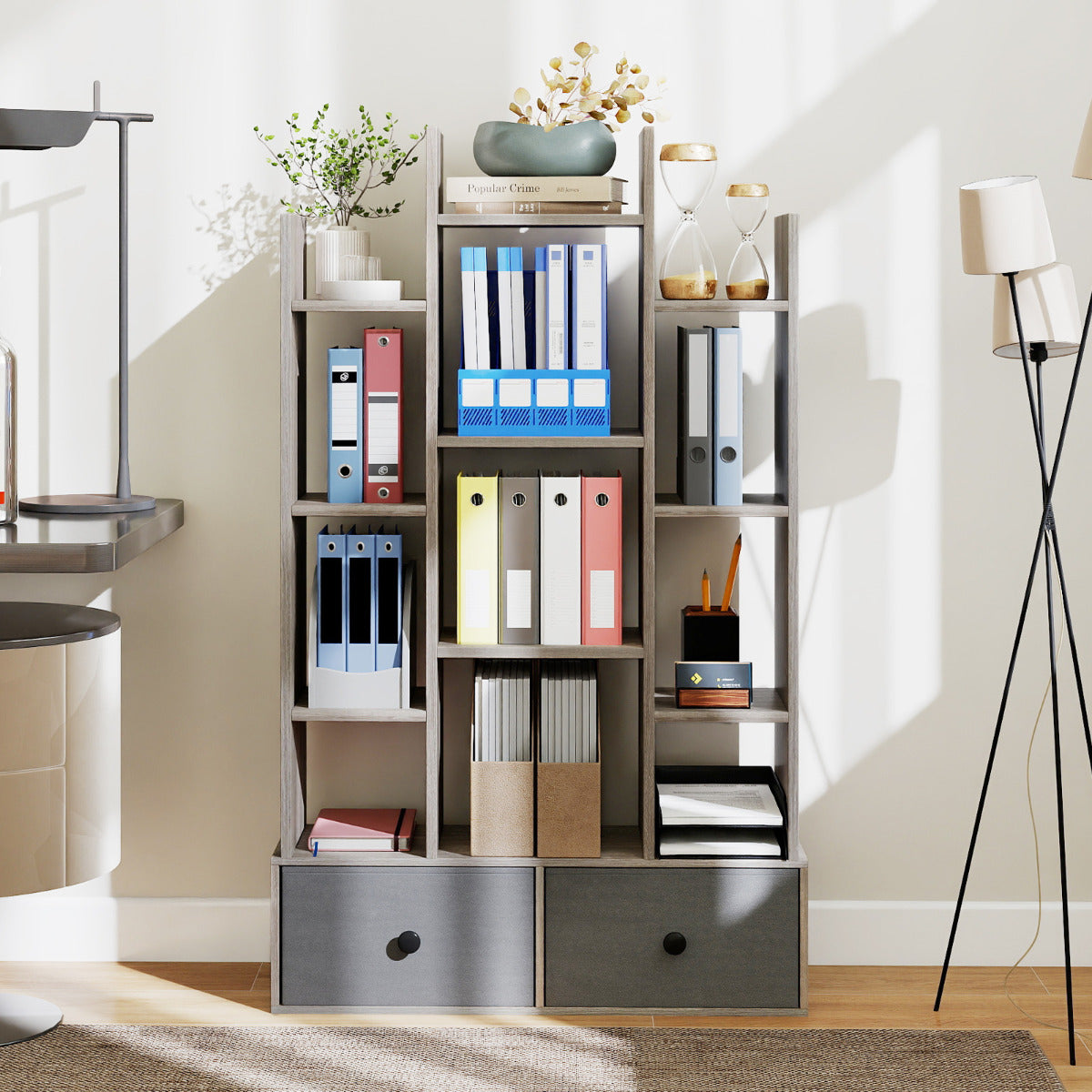 12-Tier Wooden Bookshelf with Folding Drawer for Study Living Room-Grey