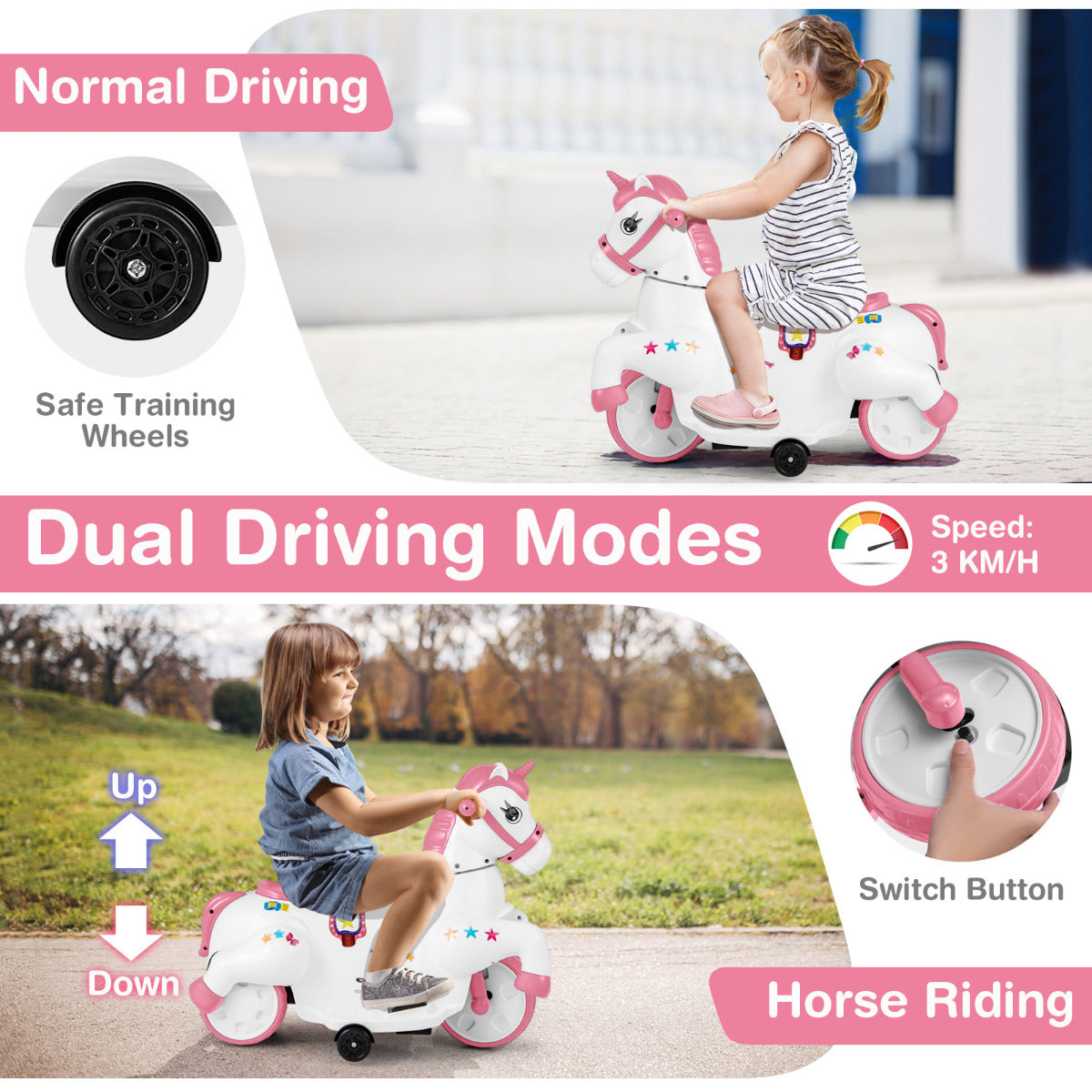 12V Unicorn Ride on Toy with Training Wheels for Kids-Pink