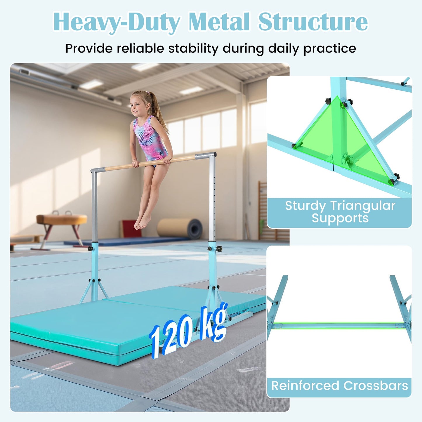 13-Level Adjustable Heights Foldable Gymnastics Bar for Kids-Green