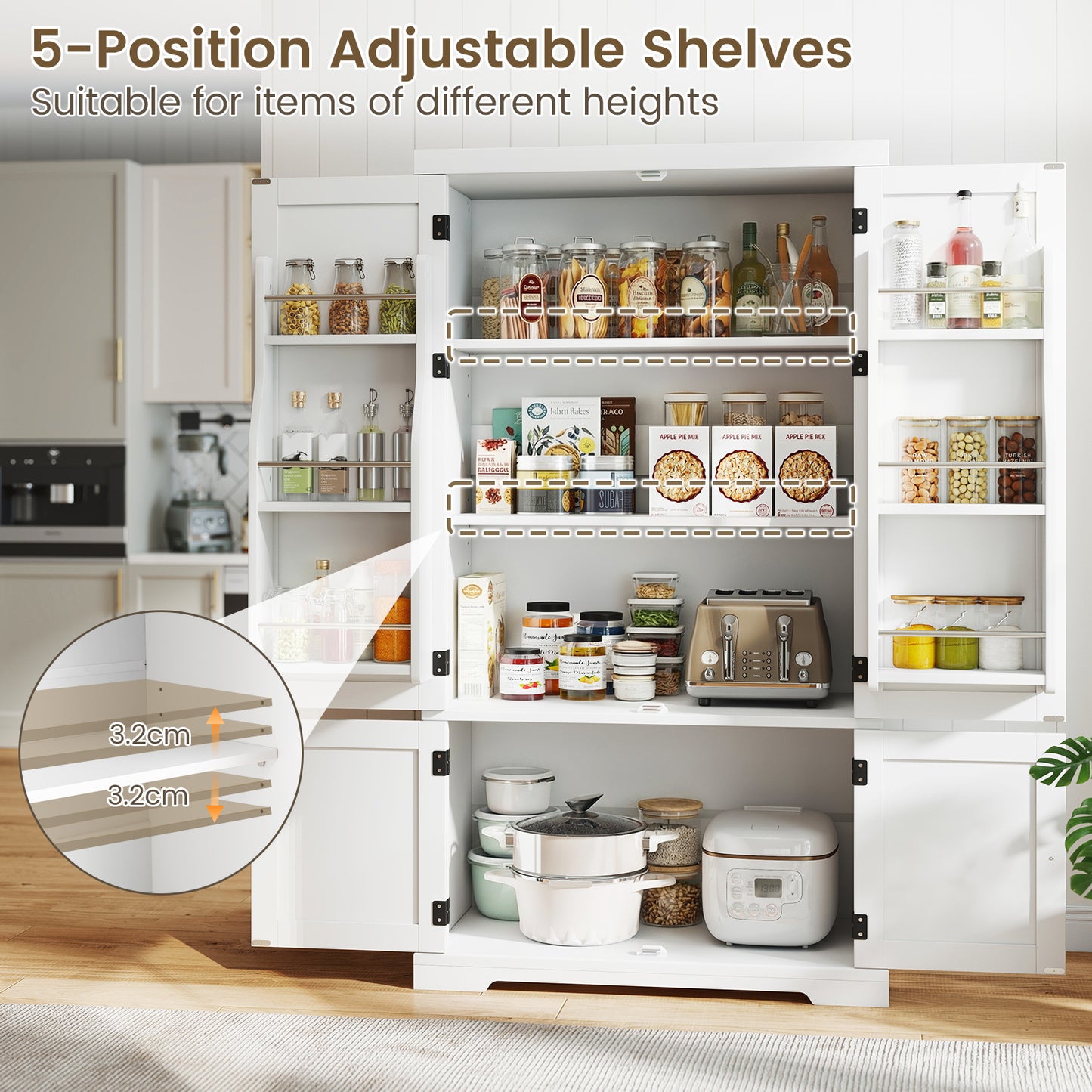 139 cm Pantry Cabinet with 4 Doors and 6 Door Shelves-White