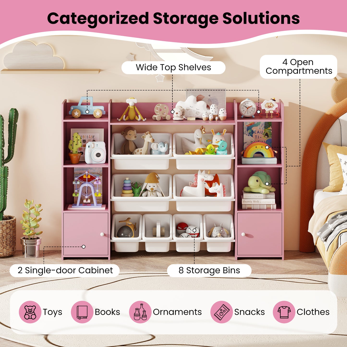 142 cm Large Toy Storage Organizer with 8 Removable Bins and Bookshelf-Pink