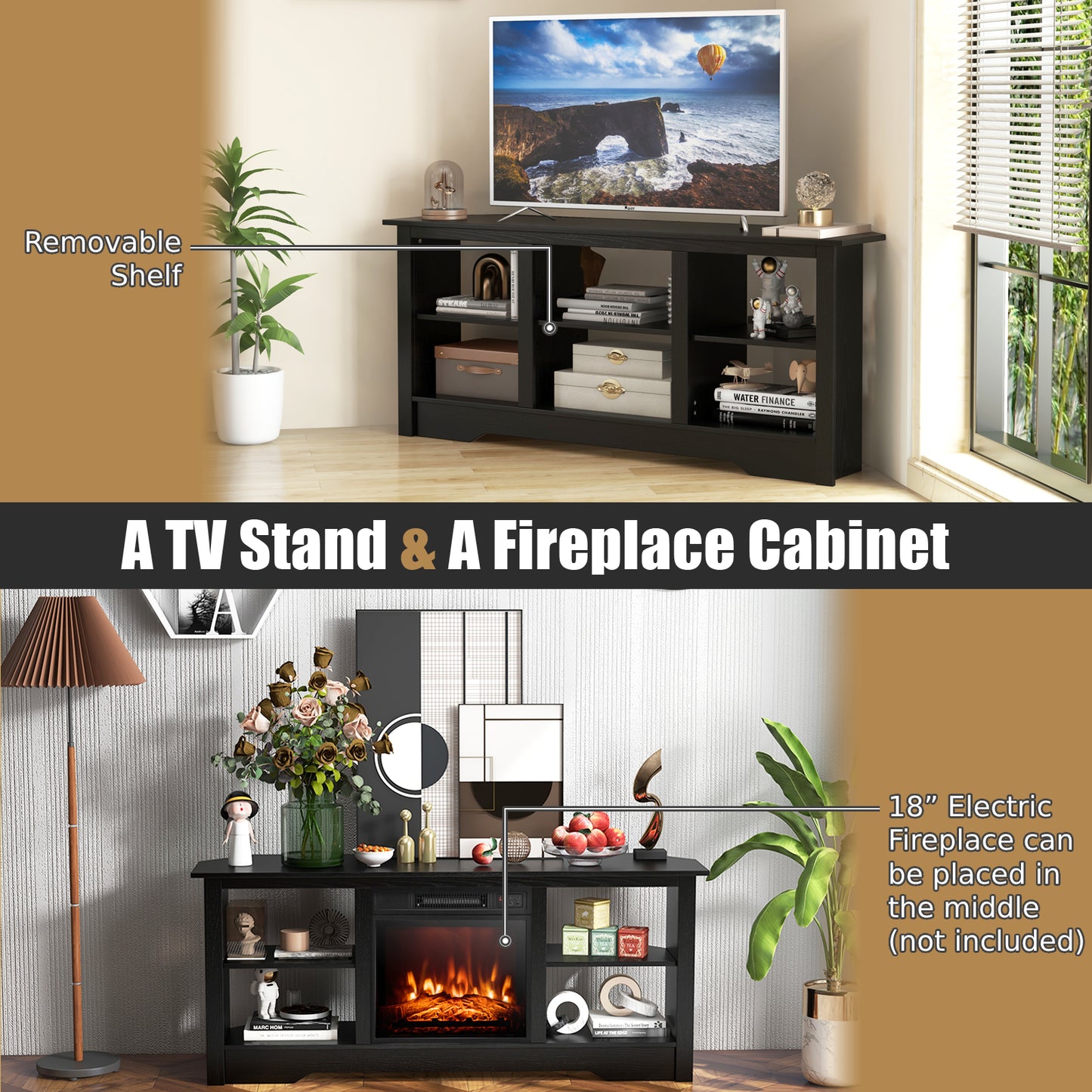 147cm TV Stand for TVs up to 65 Inches with 6 Open Storage Shelves-Black