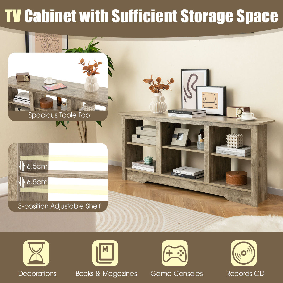 147cm TV Stand for TVs up to 65 Inches with 6 Open Storage Shelves-Grey