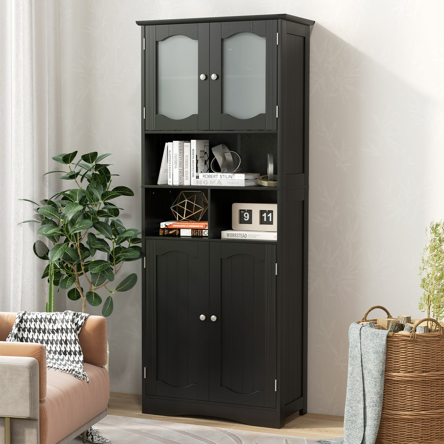 148cm Tall Bathroom Cabinet Storage Cabinet with Glass Doors-Black