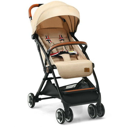 Folding Pushchair with Adjustable Backrest and Footrest-Beige