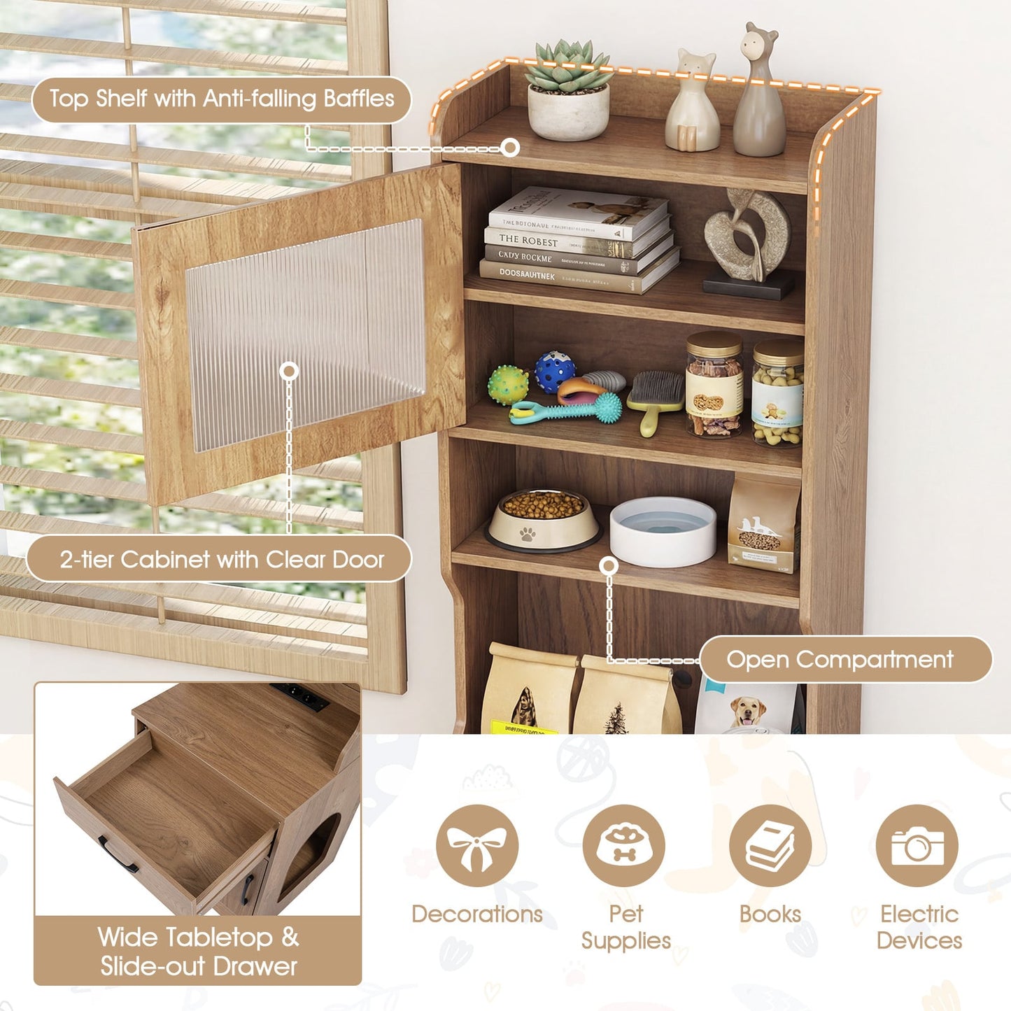 152 cm Tall Cat Litter Box Enclosure with Adjustable LED Light-Natual