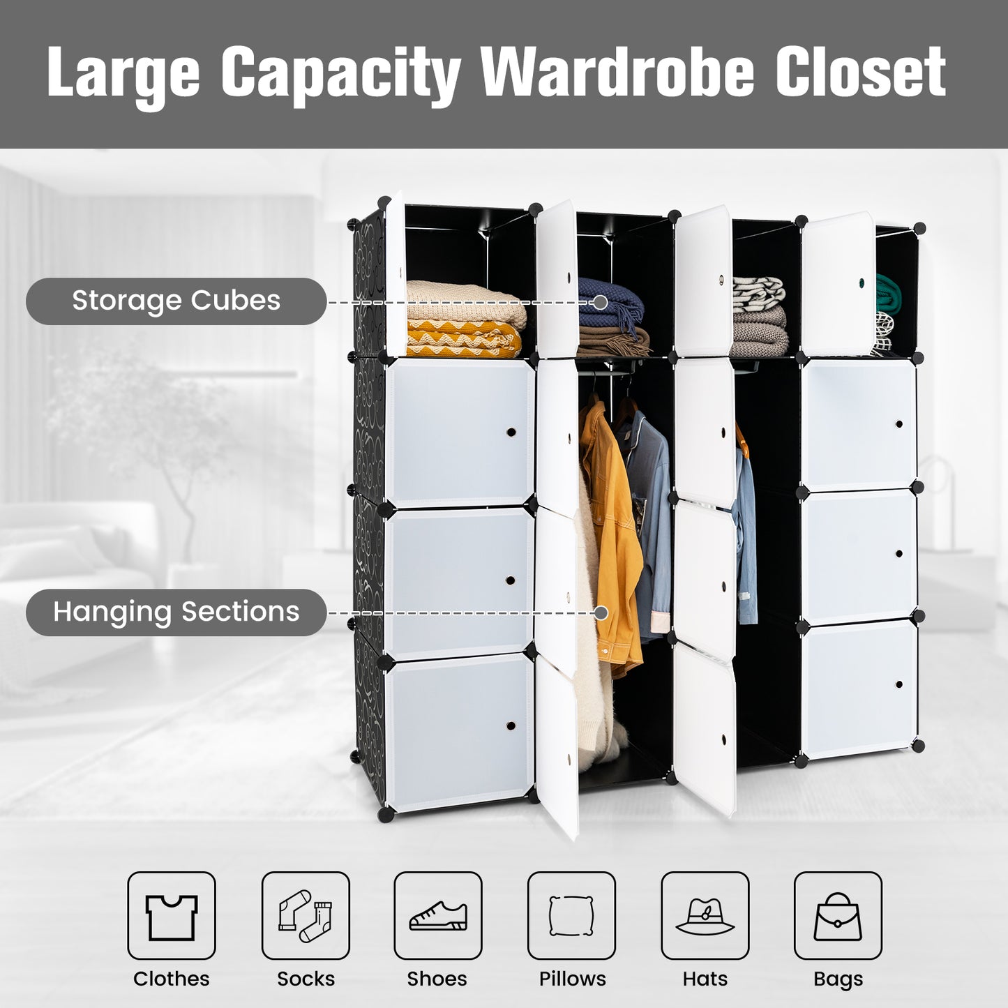 16 Cube Cabinet Storage Organizer with 2 Clothes Hanging Rails -Black & White
