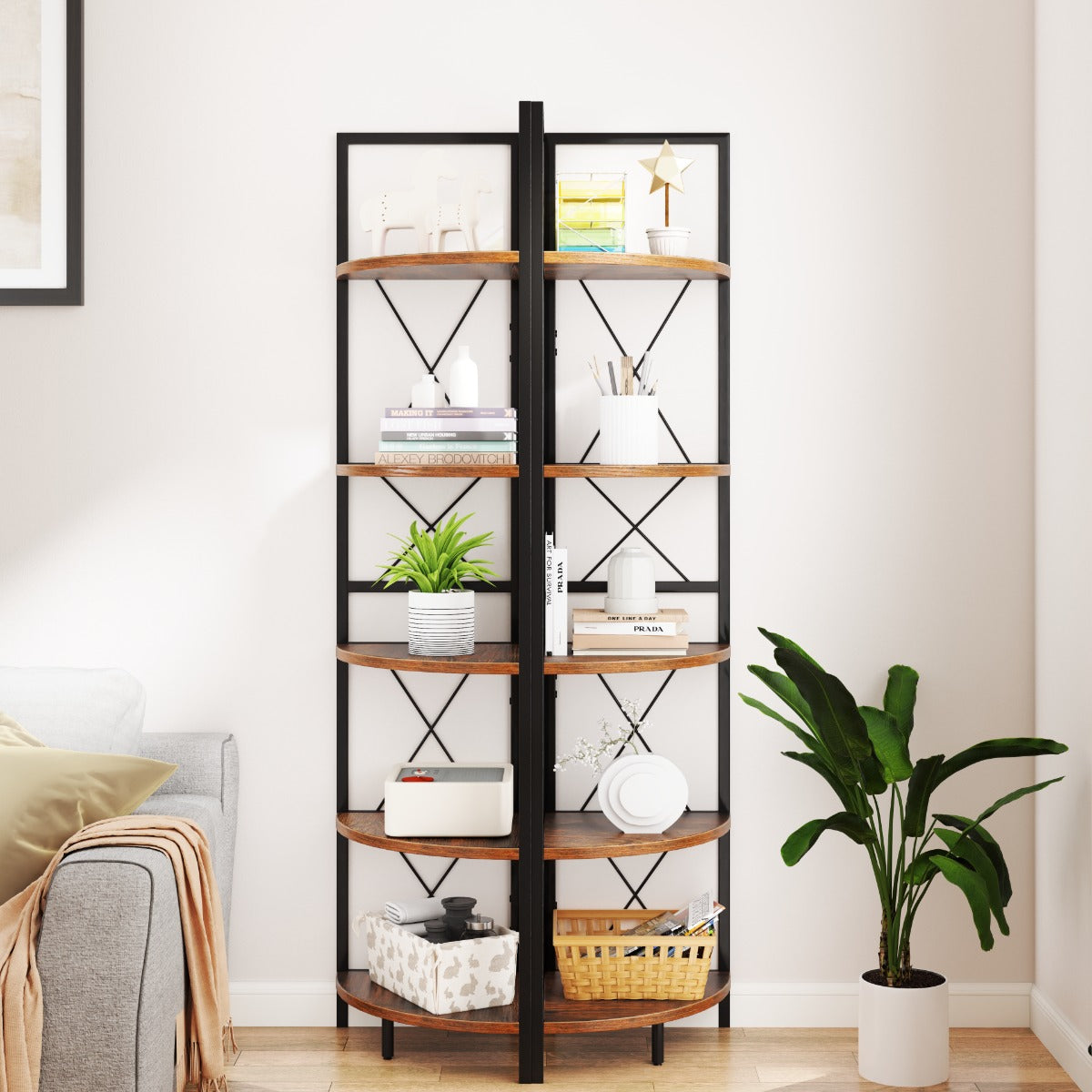 160 CM 5 tier Corner Bookshelf with Metal Frame X-shaped Brackets-Rustic Brown