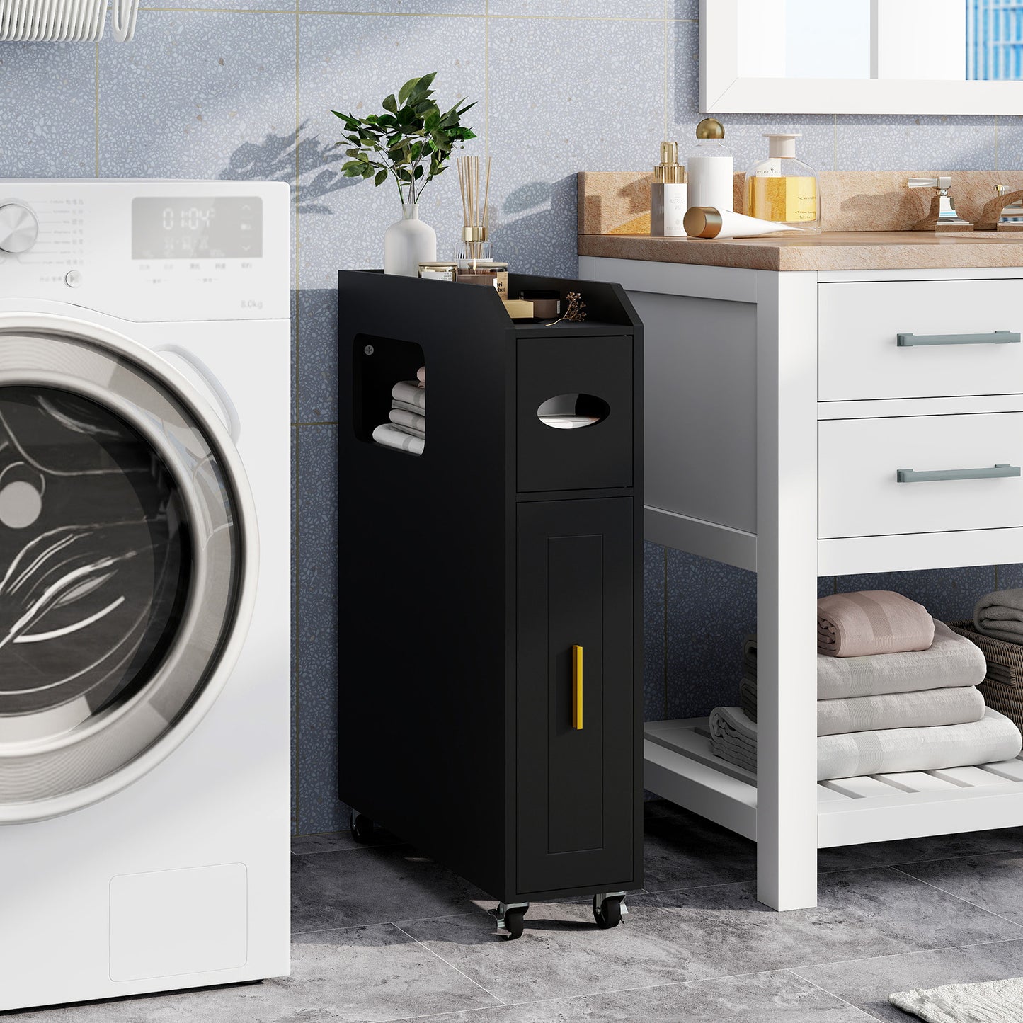 16 CM Small Bathroom Storage Cabinet with Slide Out Drawer-Black
