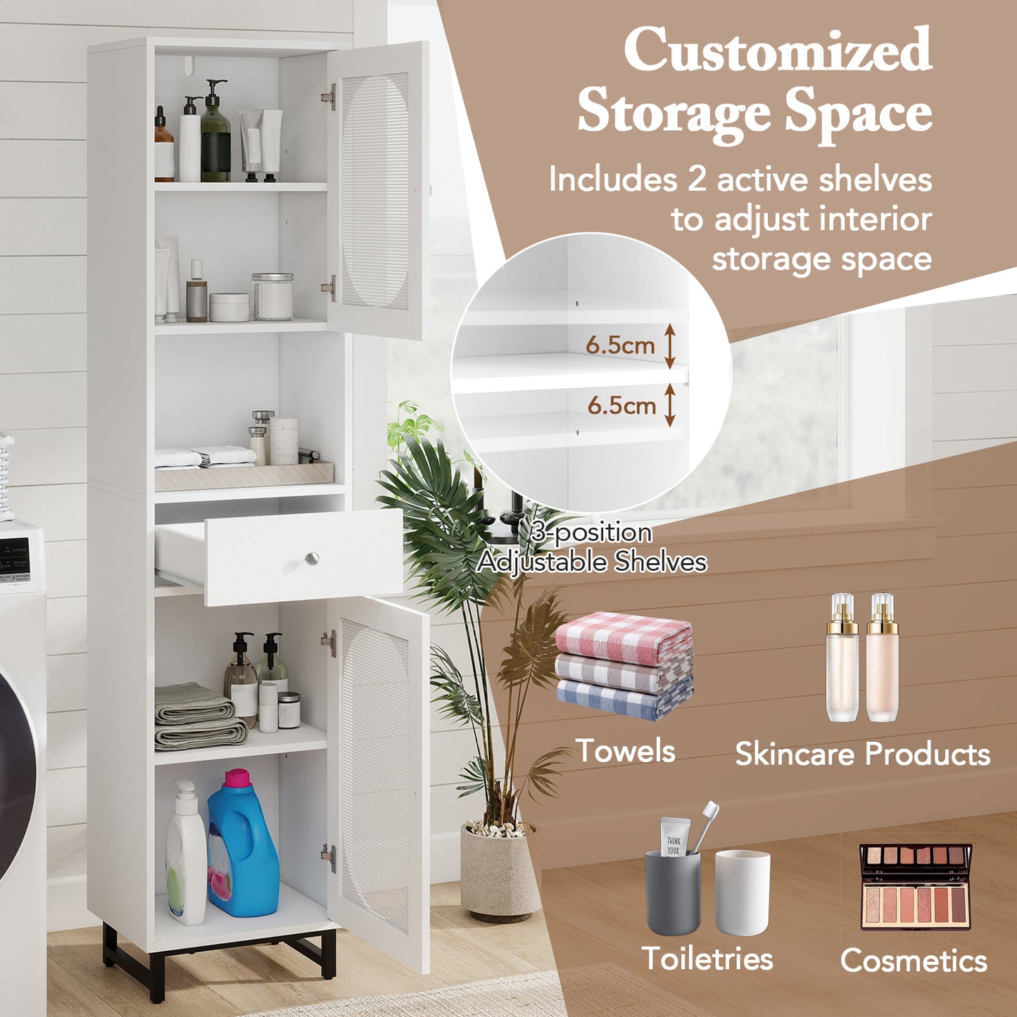 170cm Tall Bathroom Cabinet with 2 Doors and Open Compartment-White