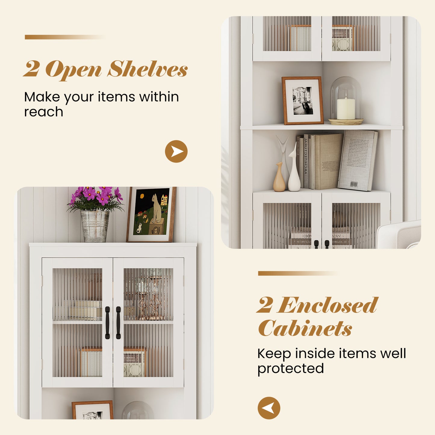 171cm Tall Space-saving Corner Cabinet with 4 Tempered Glass Doors and Adjustable Shelves-White