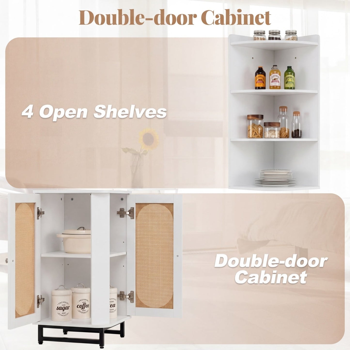 172 cm Tall PE Rattan Corner Cabinet with 2 Doors and 4 Open Shelves-White