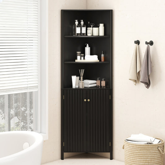 172 CM Tall Corner Cabinet with 5 Shelves and 2 Fluted Doors-Black