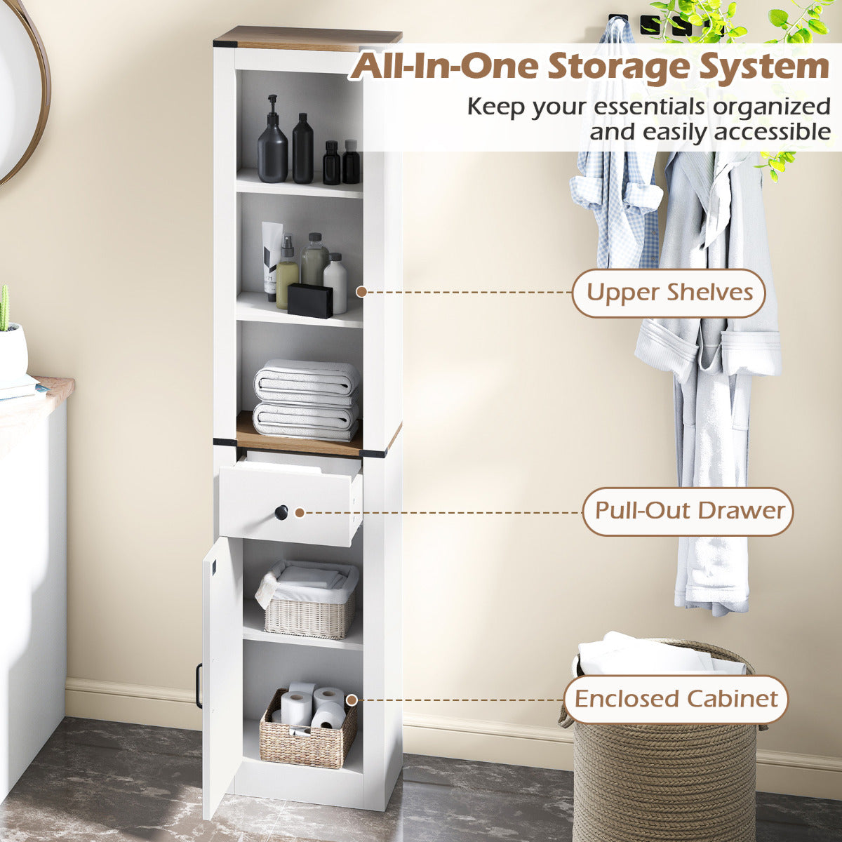 173cm Tall Bathroom Cabinet with Drawer and Adjustable Shelf-White