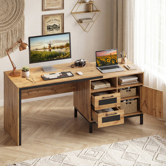 180 cm Wooden Executive Desk with Open Compartments-Natural