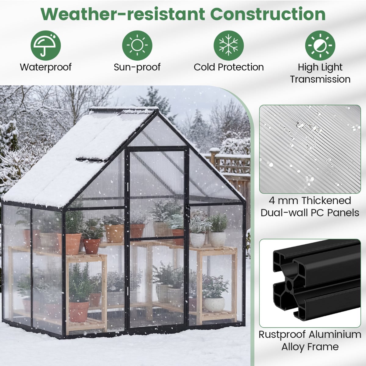 180 x 123 CM Polycarbonate Greenhouse Large Walk-in Aluminum Sunroom-Transparent