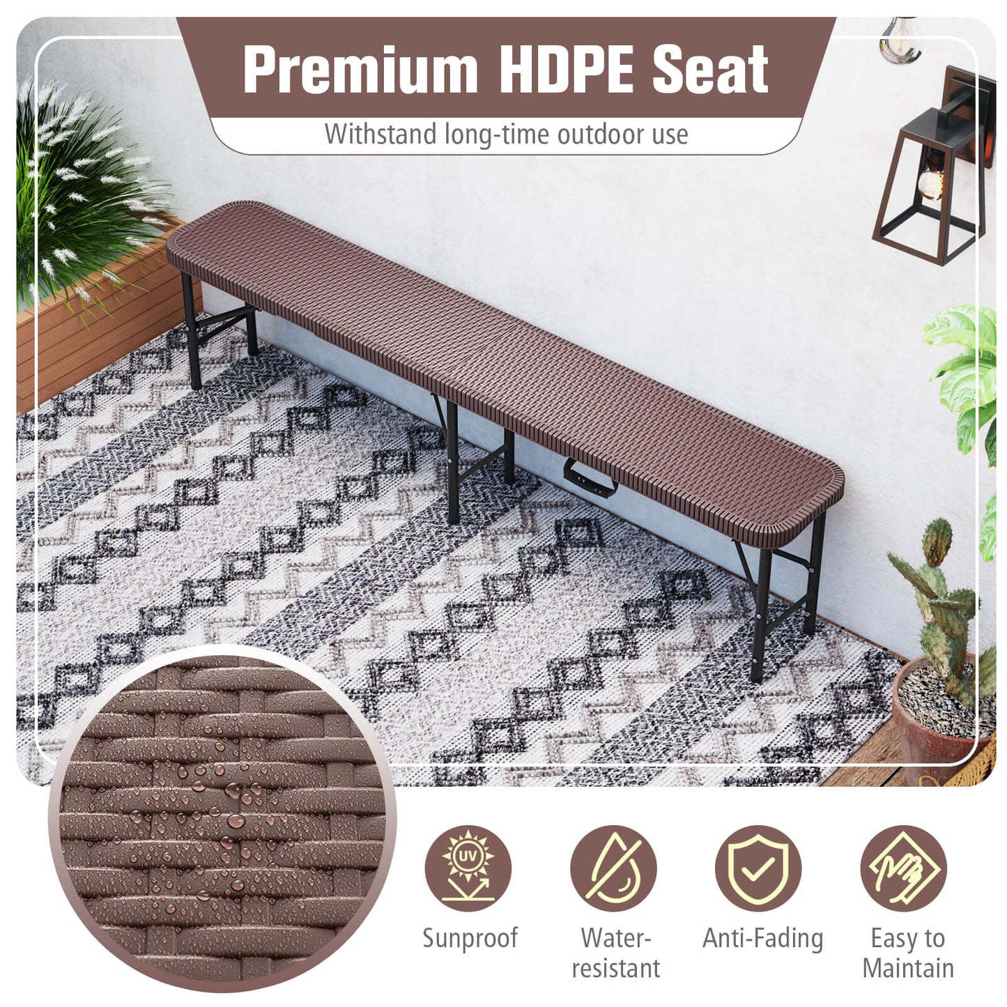 180cm Folding Bench Rattan-Like HDPE Seat with Handle and Lock-Coffee