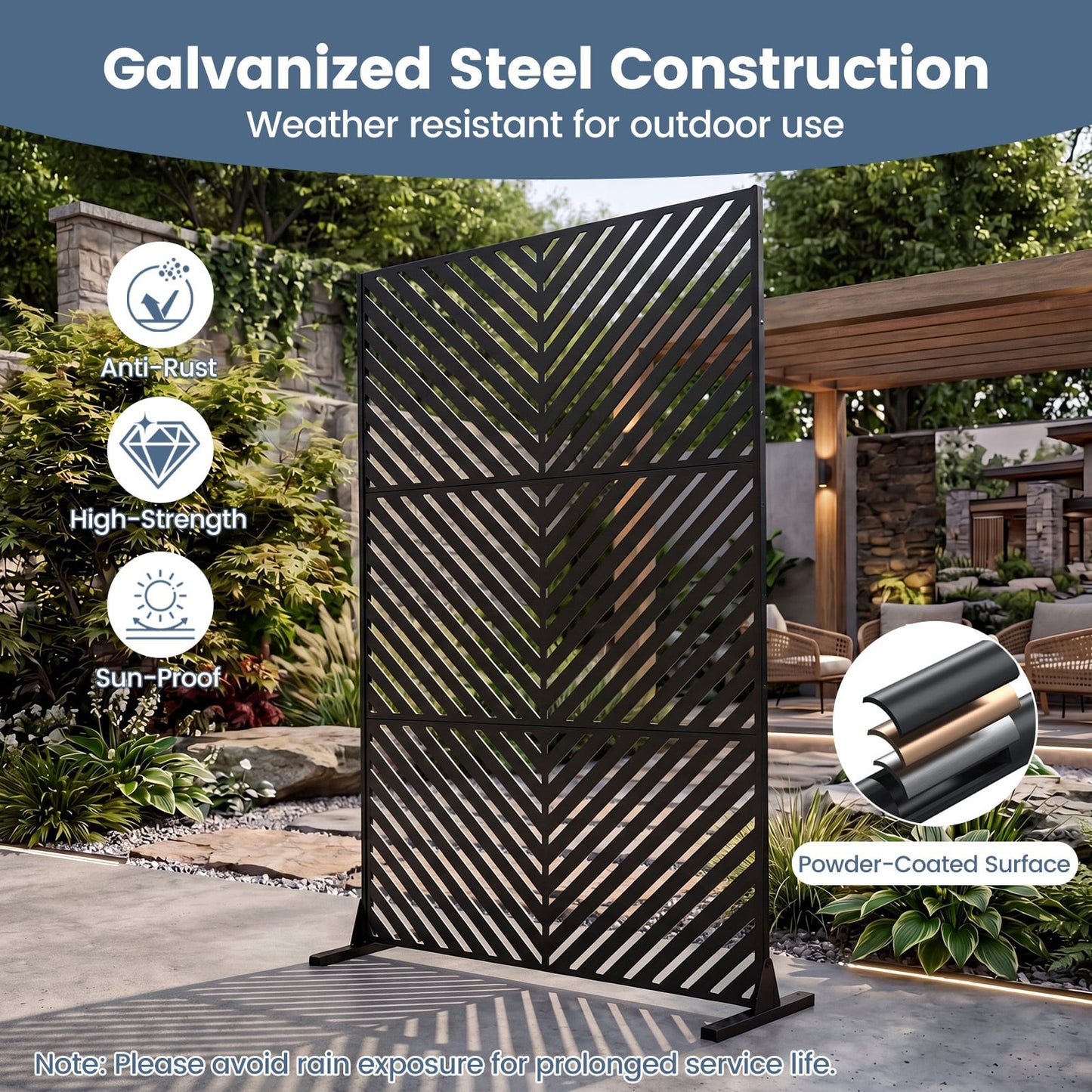 183 CM Freestanding Metal Outdoor Privacy Screen for Patio Garden-Black