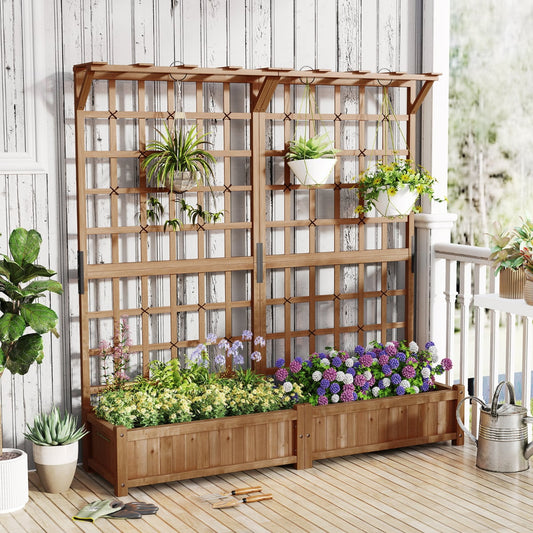183 cm Tall Large Raised Garden Bed with Lattice Trellis Hanging Roof-Rustic Brown