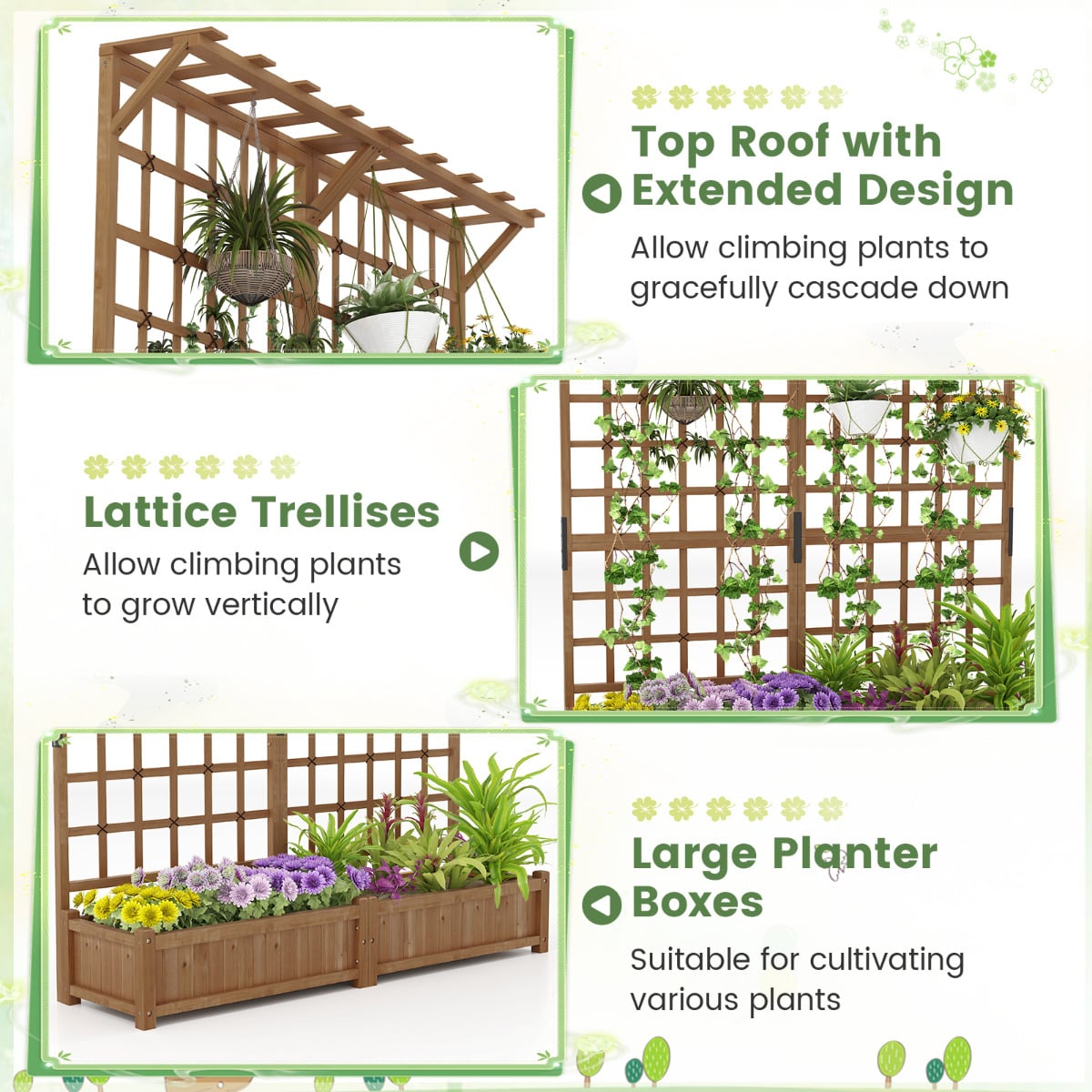 183 cm Tall Large Raised Garden Bed with Lattice Trellis Hanging Roof-Rustic Brown